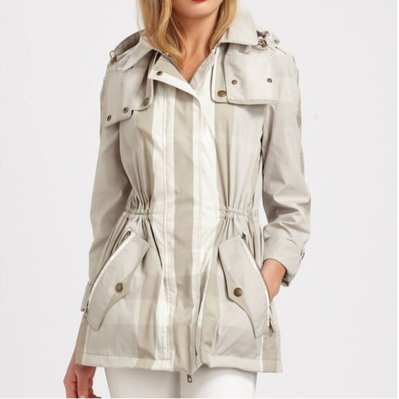 BURBERRY BRIT Checked Twill Jacket Hooded Drawstring Neutral Beige Women's 10 - Picture 1 of 13